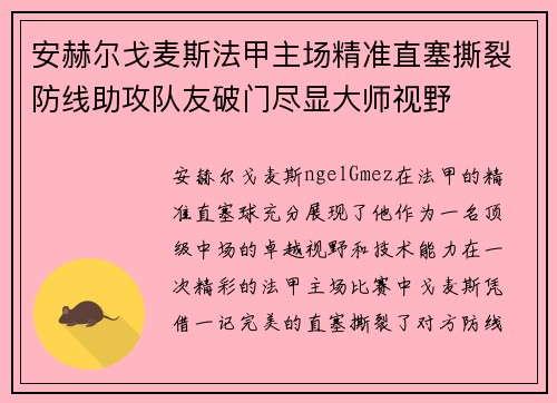 安赫尔戈麦斯法甲主场精准直塞撕裂防线助攻队友破门尽显大师视野
