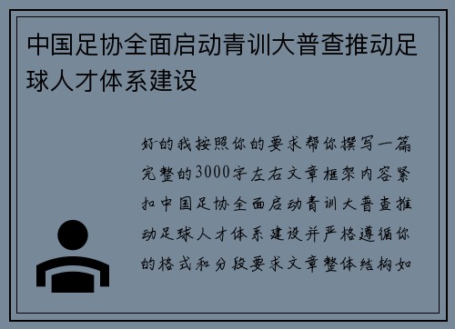 中国足协全面启动青训大普查推动足球人才体系建设 中国足协全面启动青训大普查推动足球人才体系建设
